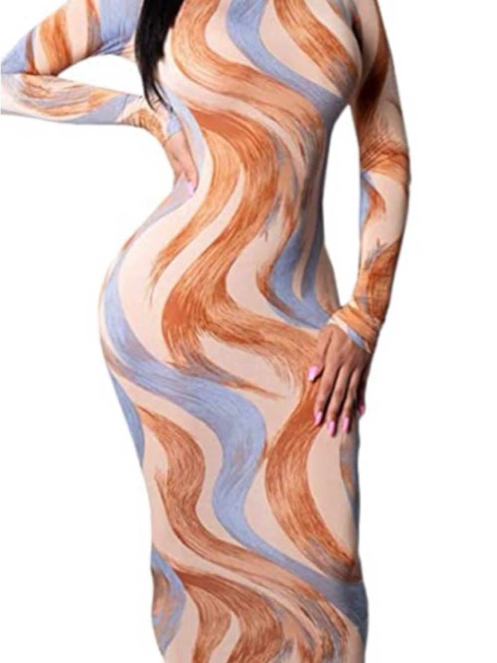 Abstract Wave Bodycon Dress - Beige, Rust & Light Blue